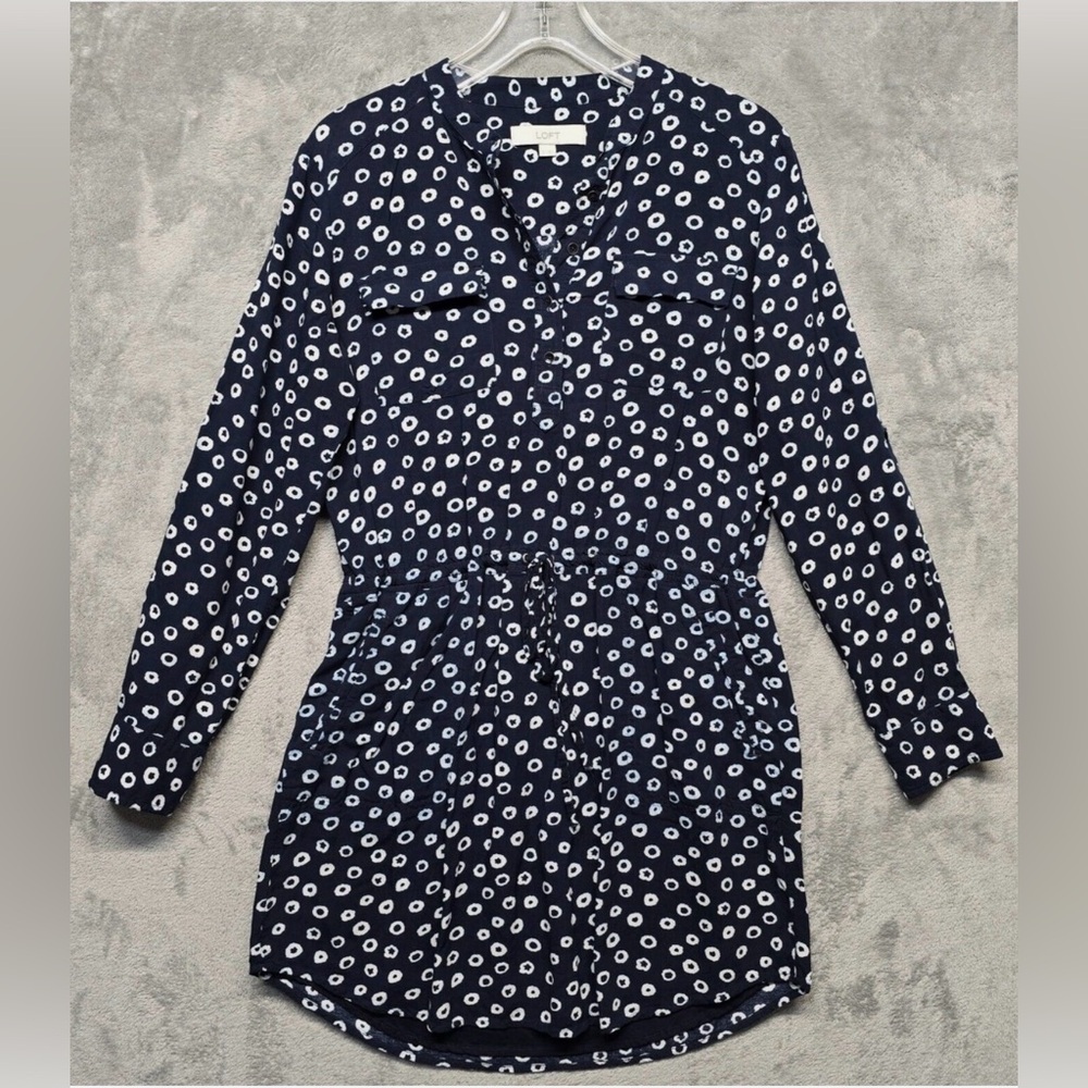 LOFT Blue White Dot Shirt Dress Small Lined Pockets Drawstring Waist - Picture 2 of 15